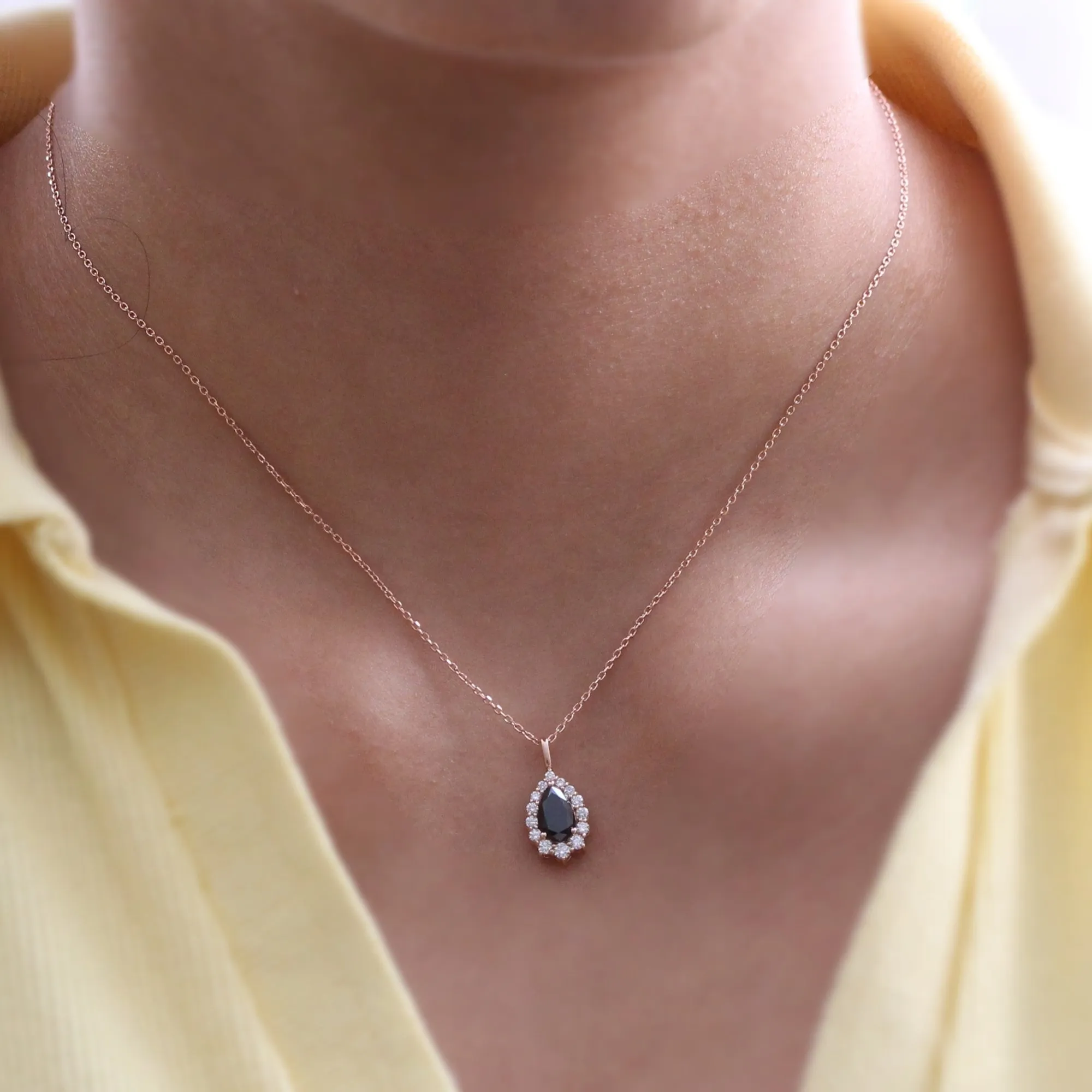 Pear Black Diamond Pendant in 14k Gold Tiara Halo Diamond Necklace