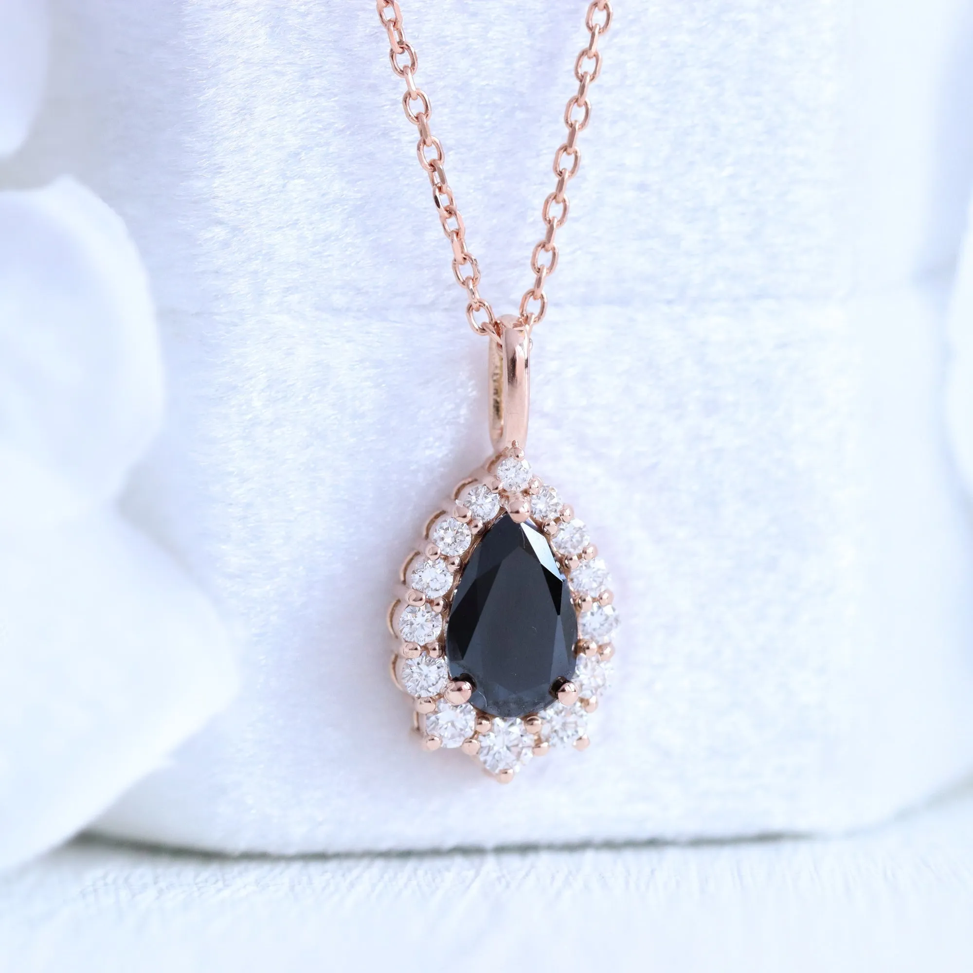 Pear Black Diamond Pendant in 14k Gold Tiara Halo Diamond Necklace