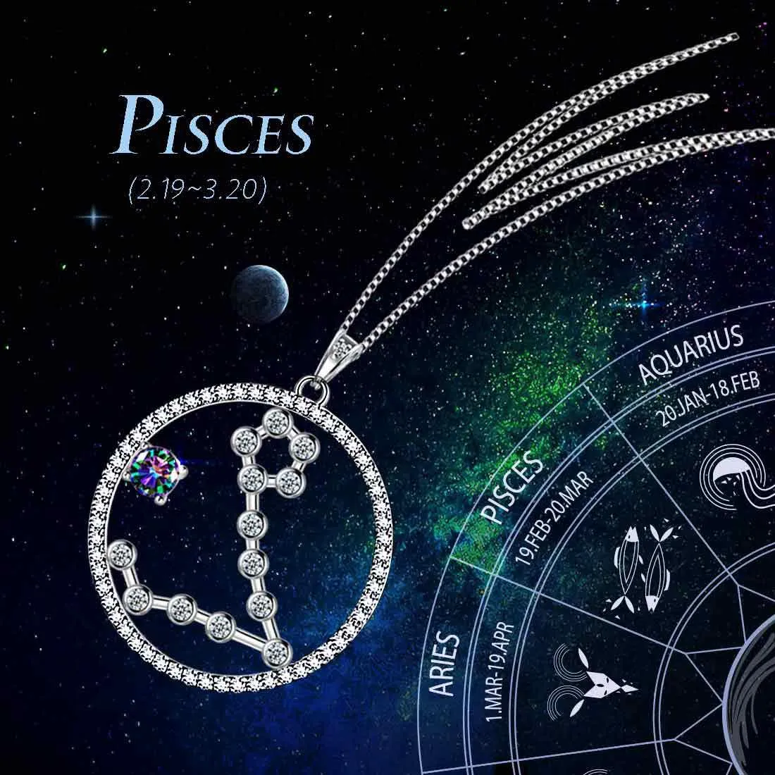 Pisces Zodiac Necklace Pendant Women Girls Jewelry Birthday Gift Mystic Topaz 925 Silver