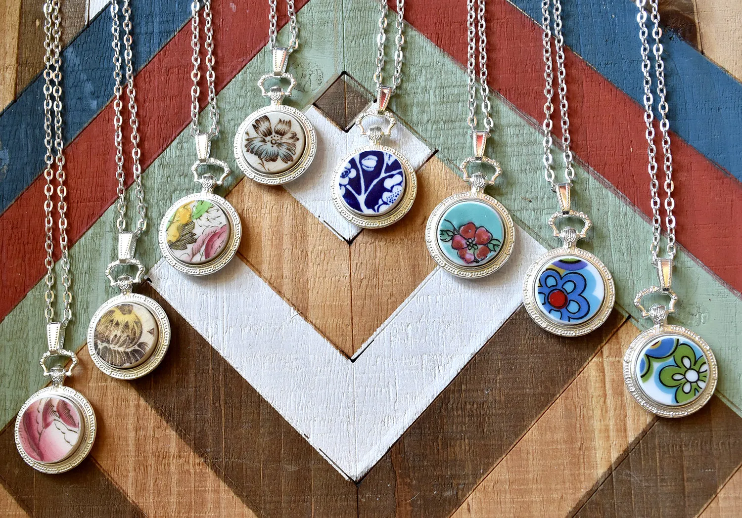 Pocket Watch Style Broken Plate Pendant - Yellow Flower - Recycled China