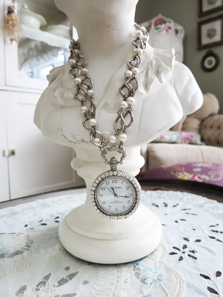 Pocket Watch with Rhinestones Necklace