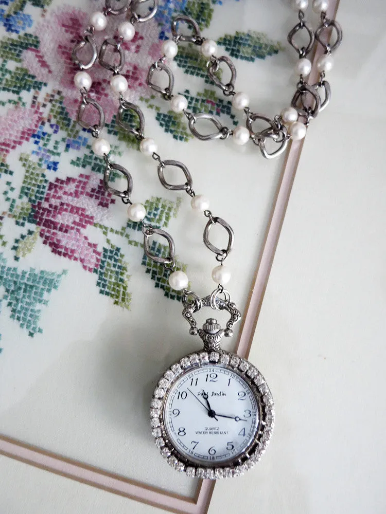 Pocket Watch with Rhinestones Necklace