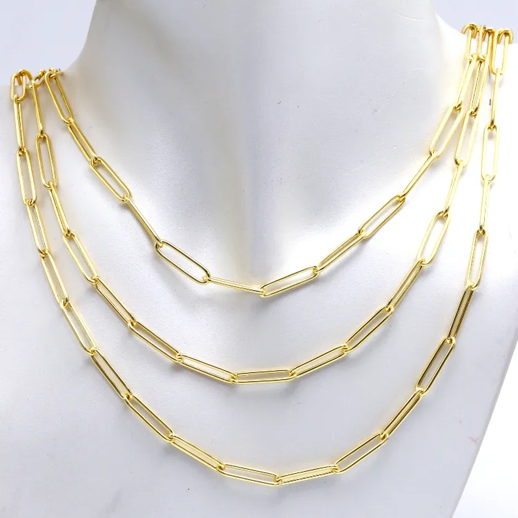 Real Gold Long Round Paper Clip Chain Necklace Link Length 1.7 C.M 9482 (40 C.M) CH1234