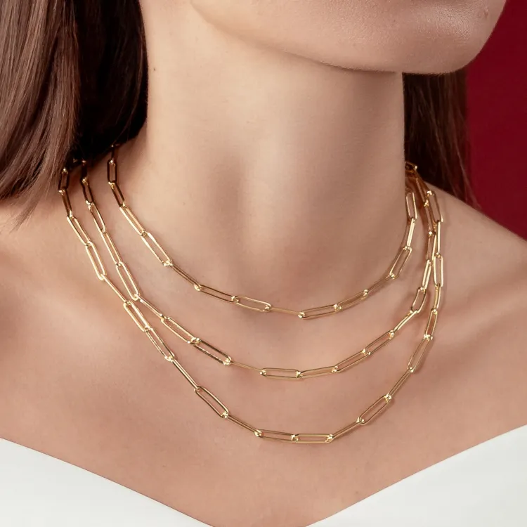 Real Gold Long Round Paper Clip Chain Necklace Link Length 1.7 C.M 9482 (40 C.M) CH1234