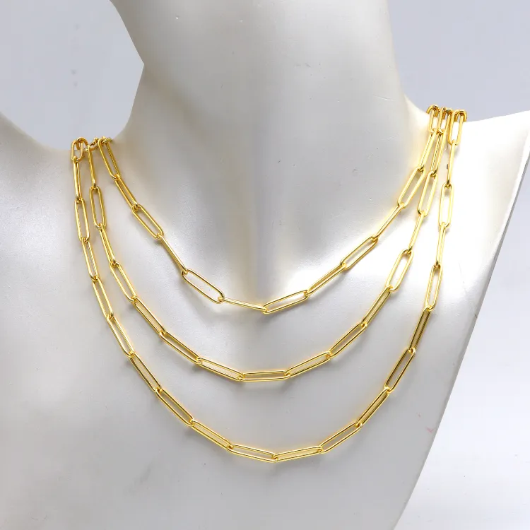 Real Gold Long Round Paper Clip Chain Necklace Link Length 1.7 C.M 9482 (40 C.M) CH1234
