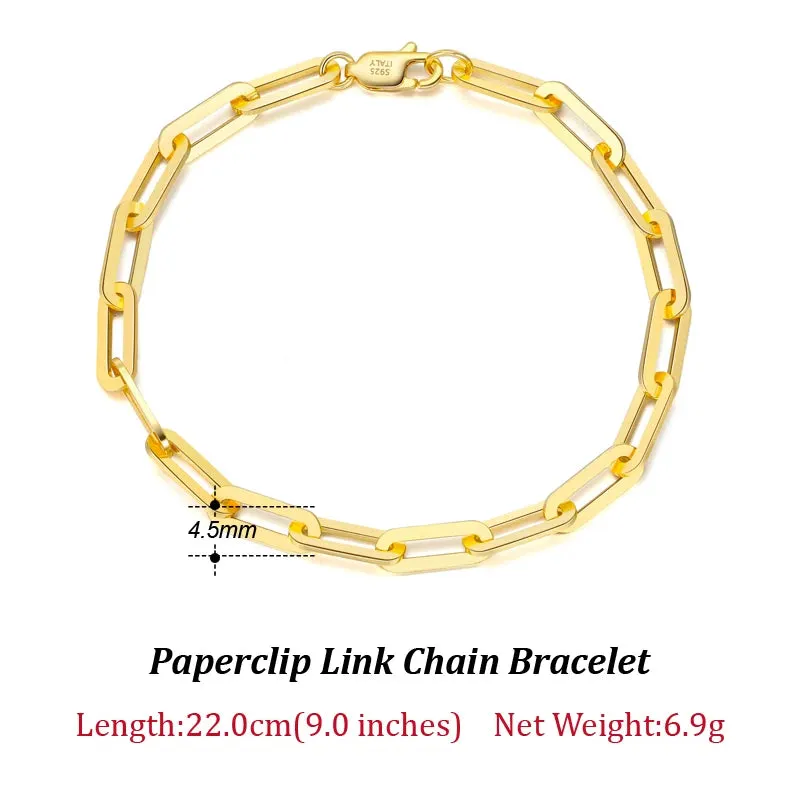 VAIGE 14K Gold Plated 925 Sterling Silver Paperclip Link Chain Bracelet - Adjustable Length, Gift Wrapped Velvet Pouch Included