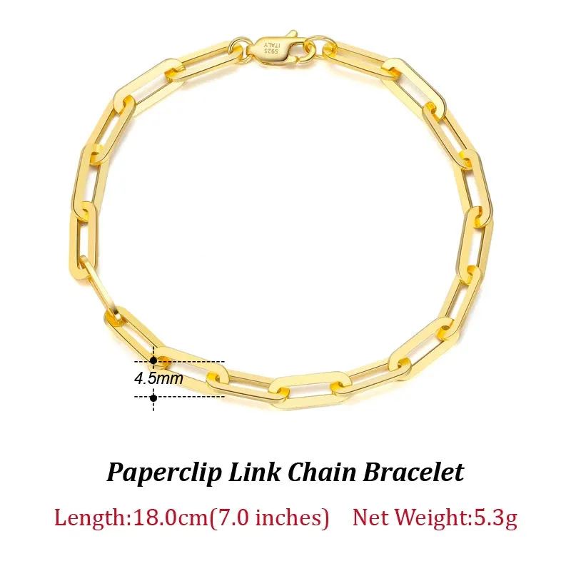 VAIGE 14K Gold Plated 925 Sterling Silver Paperclip Link Chain Bracelet - Adjustable Length, Gift Wrapped Velvet Pouch Included