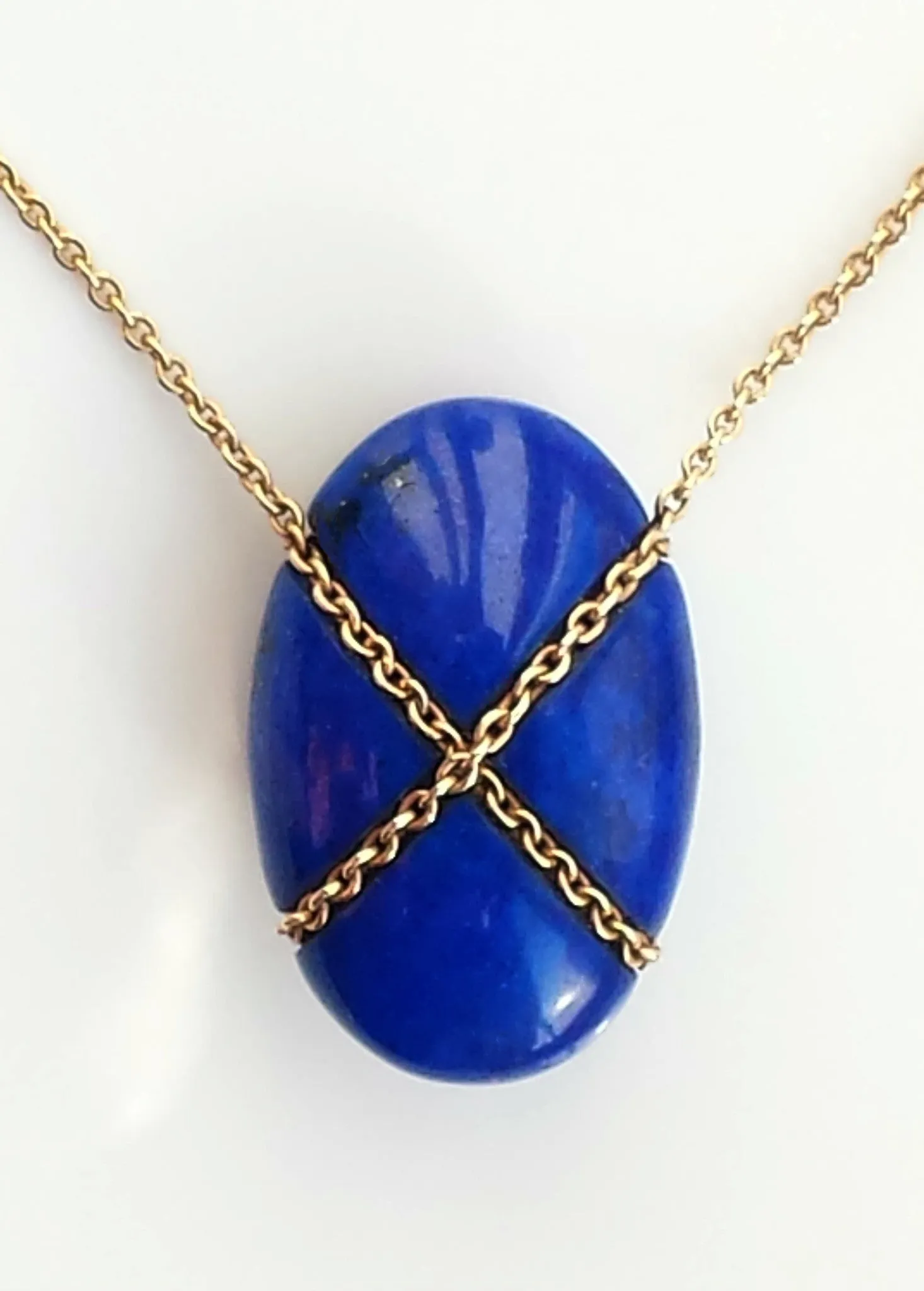 Vintage Tiffany & Co. Lapis Lazuli Bean Pendant / Necklace with 18in Gold Chain