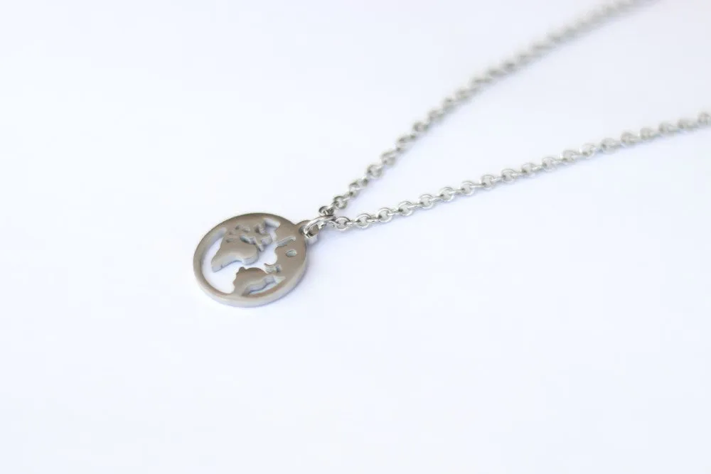 World map necklace for men, Globetrotter gift for him, mens necklace silver globe pendant, stainless chain necklace, World Travel Wanderlust