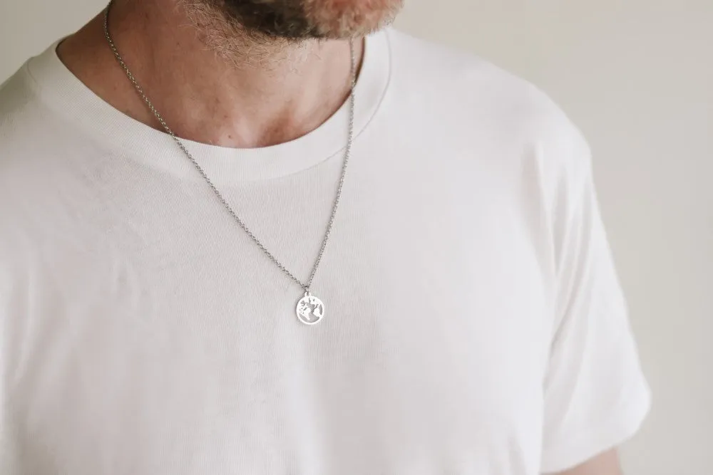 World map necklace for men, Globetrotter gift for him, mens necklace silver globe pendant, stainless chain necklace, World Travel Wanderlust