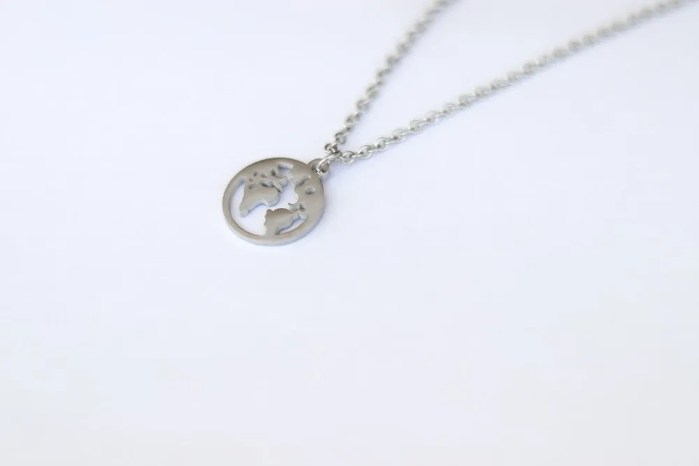 World map necklace for men, Globetrotter gift for him, mens necklace silver globe pendant, stainless chain necklace, World Travel Wanderlust