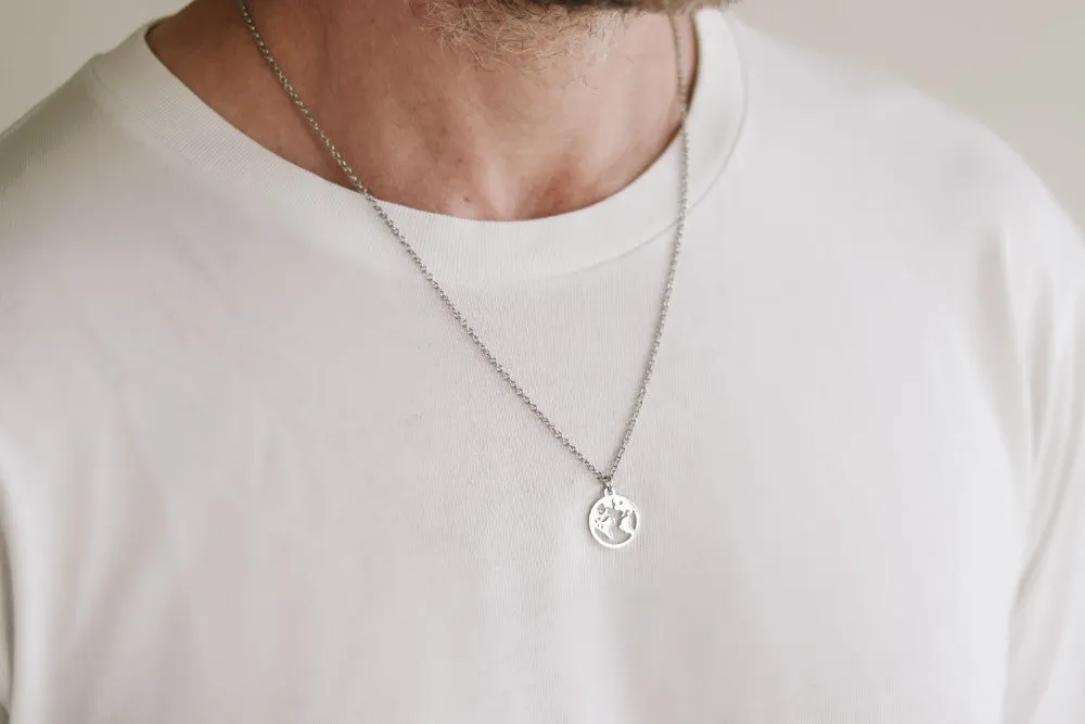 World map necklace for men, Globetrotter gift for him, mens necklace silver globe pendant, stainless chain necklace, World Travel Wanderlust