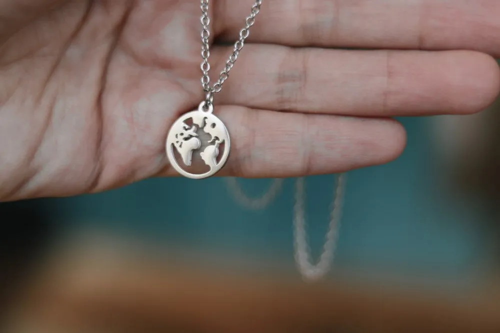 World map necklace for men, Globetrotter gift for him, mens necklace silver globe pendant, stainless chain necklace, World Travel Wanderlust